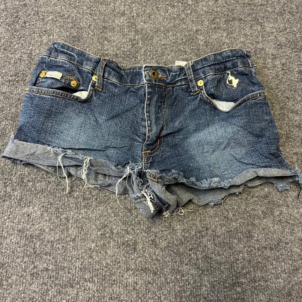 Baby Phat Denim Shorts Womens Size 7 Blue Low Rise Frayed Raw Hem Y2K Logo Cat